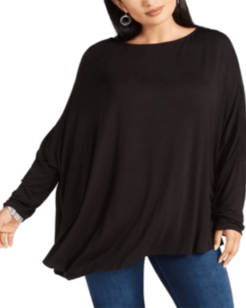 Front of a model wearing a size 2X Ny Collection Women's Plus Size Boat-Neck Asymmetrical Top Black Size 2X in Black by NY Collection. | dia_product_style_image_id:314705